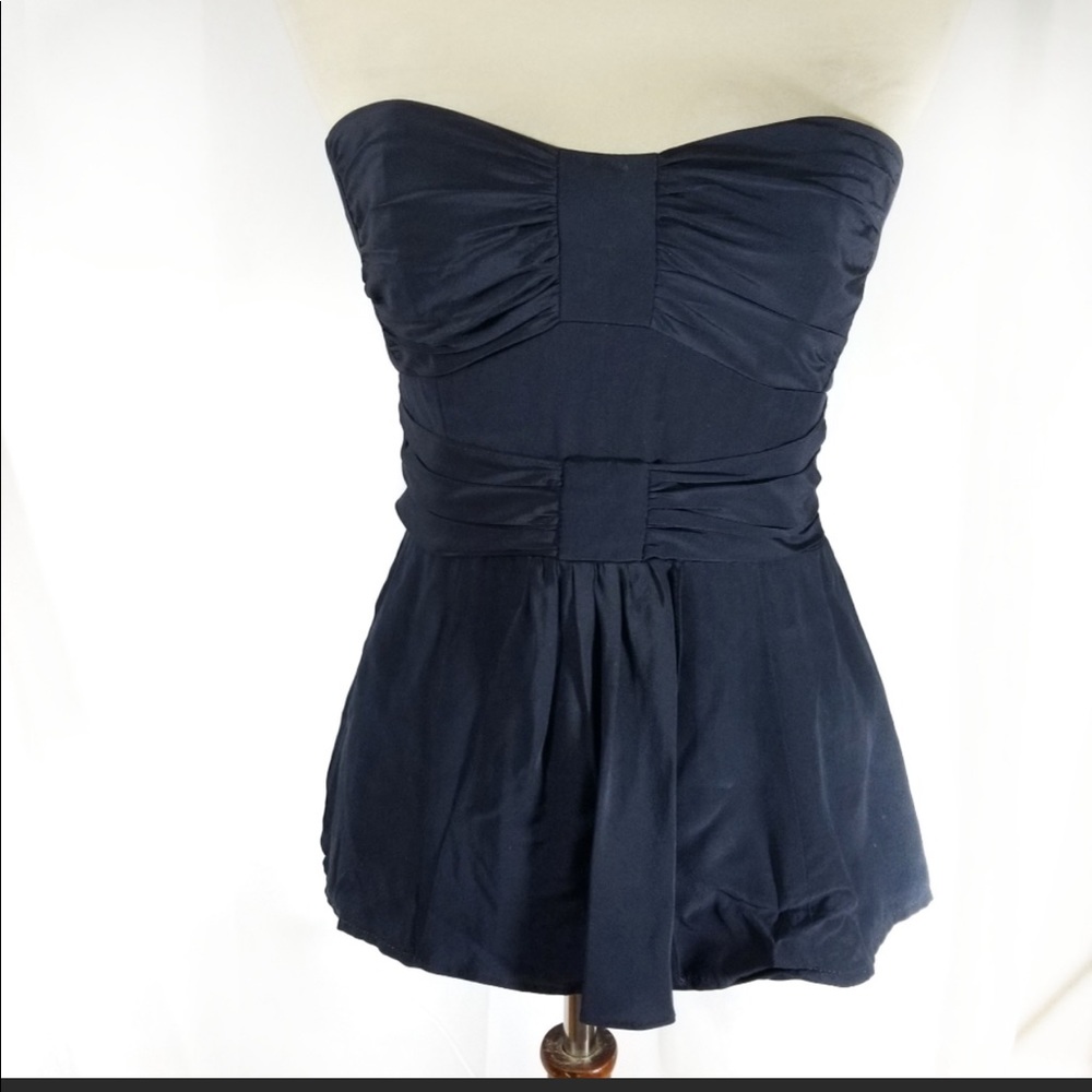 Nanette Lepore Navy Silk strapless peplum top 8